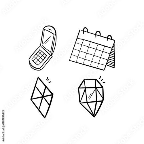 Hand-drawn icons depicting a flip phone, calendar, and two unique gemstone illustrations