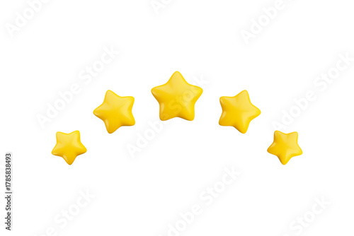 Vector cartoon 3d five gold stars arc. Realistic 3d render game achievements concept on white background. High quality rating symbol, best customer feedback sign for web, apps, advert, game design.