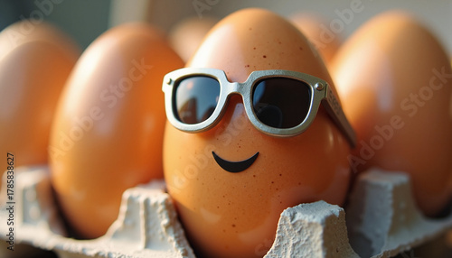 Cartoon egg wears sunglasses, close up in carton