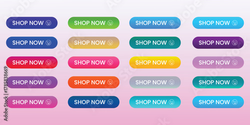 Shop Now button, Shop Now icon. Set of button shop now. Modern collection for web site. Vector gradient illustration.