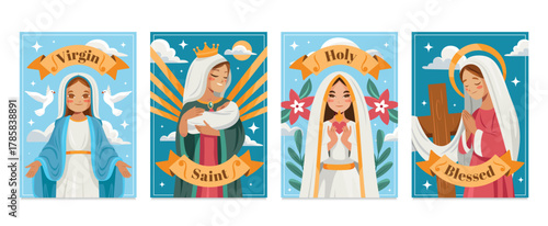 Vertical devotional cards set with virgin mary portraits and text flat cartoon
