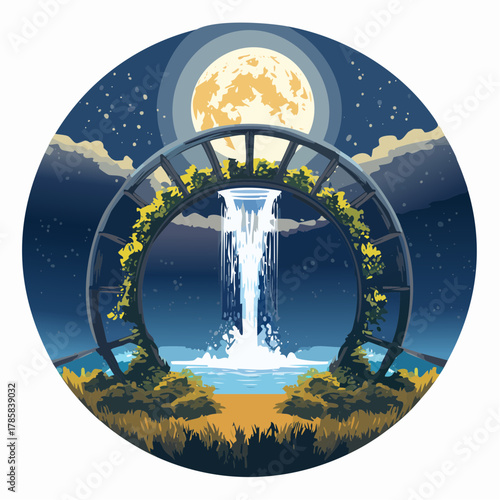 Serene Night Landscape A glowing full moon illuminates a beautiful waterfall cascading through a lush, vine-covered archway under a peaceful starry sky