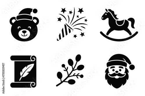 A collection of festive icons includes a teddy bear, Santa Claus, a rocking horse, and a sprig of holly.