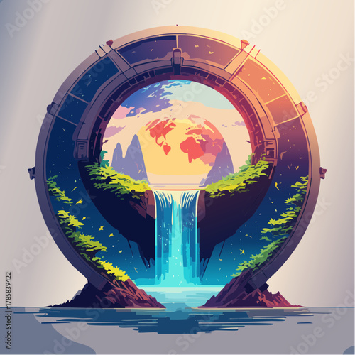 Majestic Circle Portal Waterfall, World View, and Lush Greenery