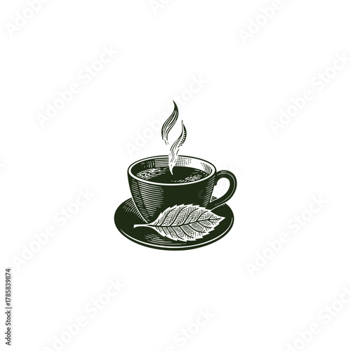 Vintage engraving illustration of a steaming hot cup of tea or herbal drink resting on a saucer with a large, detailed leaf