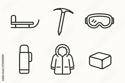Minimalist winter gear icons: sled, ice axe, goggles, thermos, parka, ice block