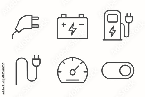Electric vehicle icons: plug, battery, charger, cable, speedometer, switch