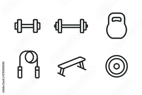 Minimalist workout equipment icons: dumbbell, kettlebell, jump rope, weight plate