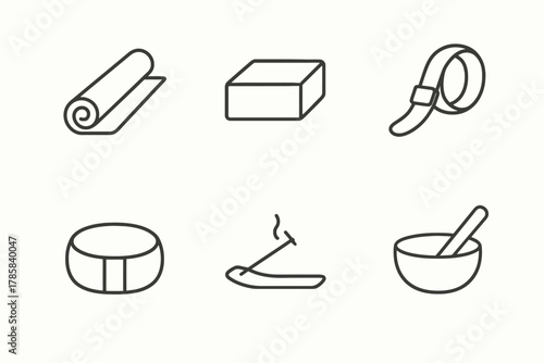 Minimalistic icons of rolled mat, block, strap, bolster, incense holder, and singing bowl