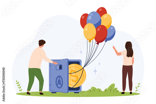 Man and woman observe balloons lifting a gold coin from a safe, symbolizing inflation risk and financial security challenges in modern banking isolated vector illustration