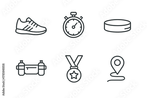 Sports icons: shoe, stopwatch, puck, dumbbell, medal, location pin
