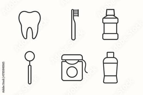 Dental care icons: tooth, toothbrush, mouthwash, dental mirror, floss