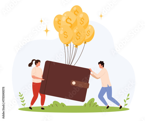 Two tiny people push a large wallet lifted by gold dollar balloons, symbolizing inflation, rising prices, and financial burden in a modern economy isolated vector illustration