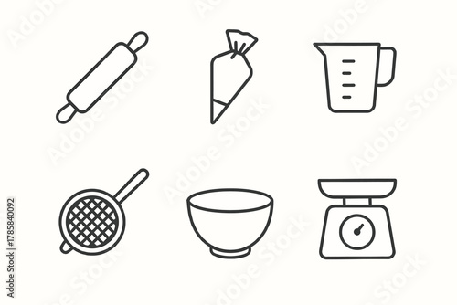 Kitchen tools icons: rolling pin, piping bag, measuring cup, sifter, bowl, scale