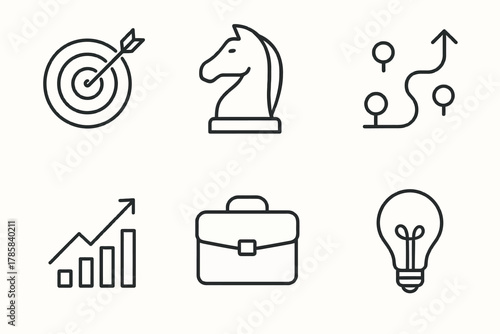 Business strategy icons: target, chess knight, path, graph, briefcase, lightbulb