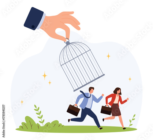 Business people running from a large hand holding a birdcage, symbolizing lack of freedom, workplace escape, and employee dissatisfaction, isolated vector illustration