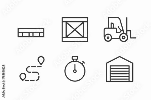 Warehouse icon set with pallet, crate, forklift, route, timer, and storage