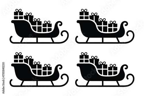 Four identical black silhouette sleds filled with gift boxes are displayed in a 2x2 grid.