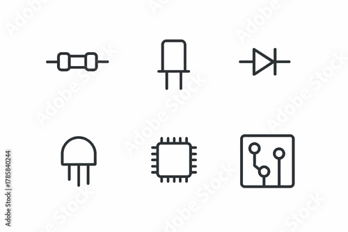 Set of electronic components icons: resistor, capacitor, diode, transistor, microchip, circuit board