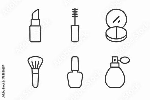 Minimalist makeup icons: lipstick, mascara, compact, brush, nail polish, perfume bottle
