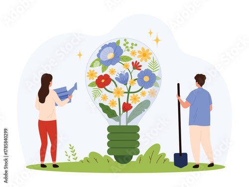 Man and woman nurturing blooming flowers inside a giant light bulb symbolizing creativity, growth, and eco innovation in a flat style isolated vector illustration