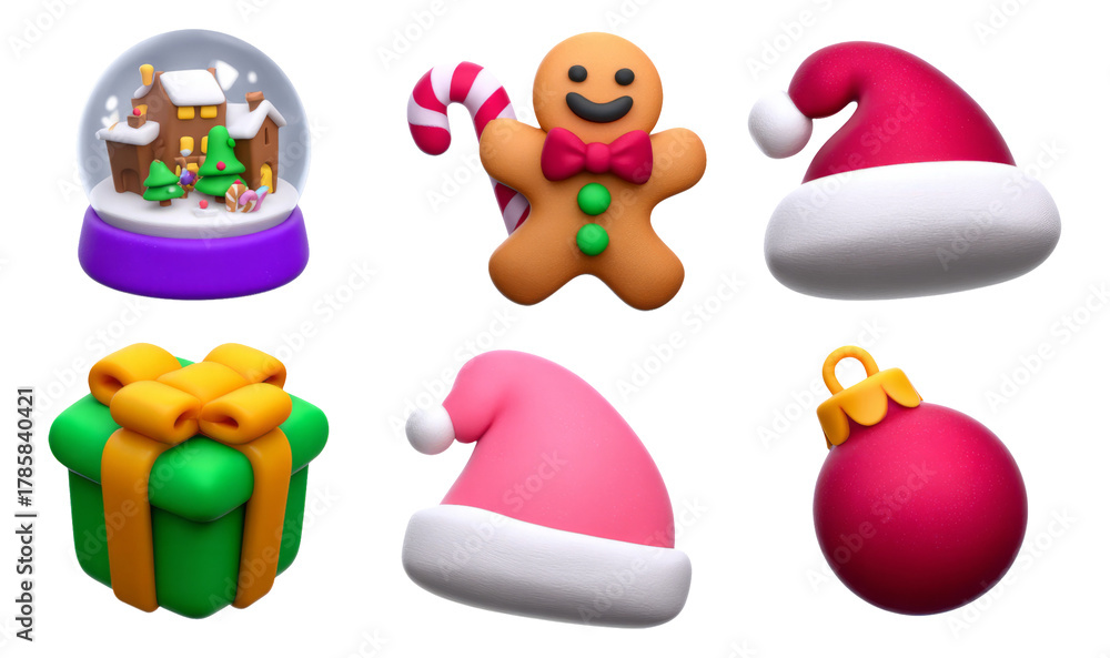 Obraz premium Cheerful Holiday Elements: Snow Globe, Gingerbread Man, Gifts, Hats, and Ornaments