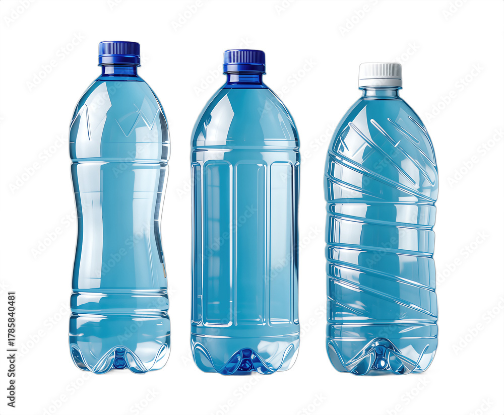 Naklejka premium Three Empty Blue Plastic Water Bottles Isolated