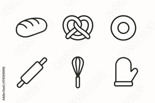 Baking icon set: bread, pretzel, doughnut, rolling pin, whisk, oven mitt