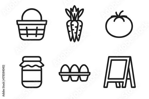 Set of grocery icons: basket, carrot, tomato, jam jar, eggs, chalkboard