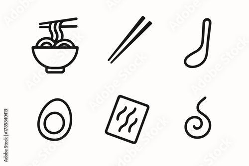 Ramen icons: noodles, chopsticks, spoon, egg, seaweed, fish cake