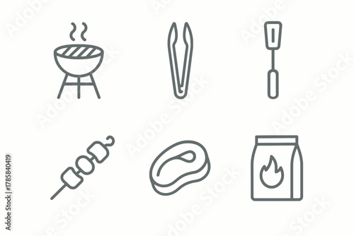 Barbecue essentials: grill icons featuring tools, meat, charcoal