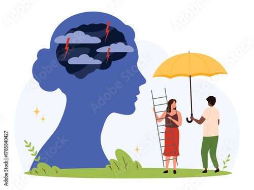 Concept of mental health support with people helping to overcome emotional storms, symbolizing care, empathy, and psychological assistance in a flat isolated vector illustration
