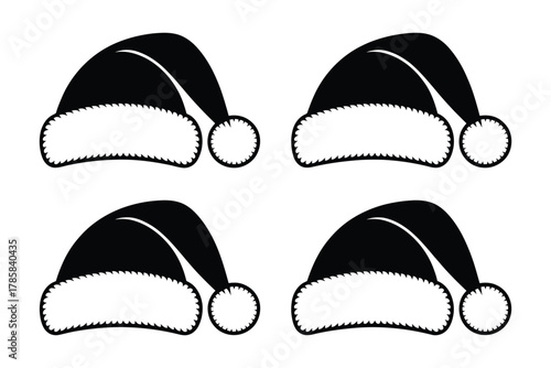 A pattern of four black Santa hats with white trim and pom-poms is displayed against a white background.