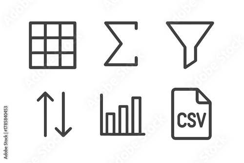 Data analysis icons: grid, sum, filter, sort, chart, csv on dark background