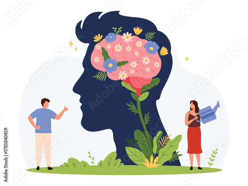 Human head silhouette with blooming brain flowers, tiny people nurturing mental wellness, symbolizing positive brain health, emotional support, self care, flat isolated vector illustration