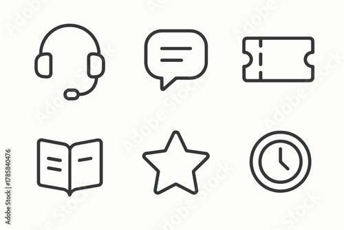 Minimalistic icon set: headset, chat, ticket, book, star, clock