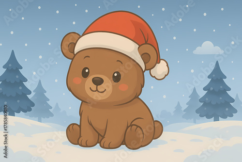 baby brown bear Cute Christmas Animals Wearing Santa Hats in Snowy Anime Style
