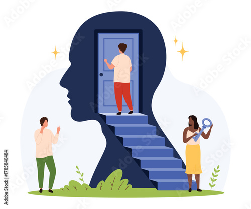 Tiny characters interact with a human head silhouette, stairs, door, and key symbolizing mental health, self-discovery, and mindset growth in a flat isolated vector illustration