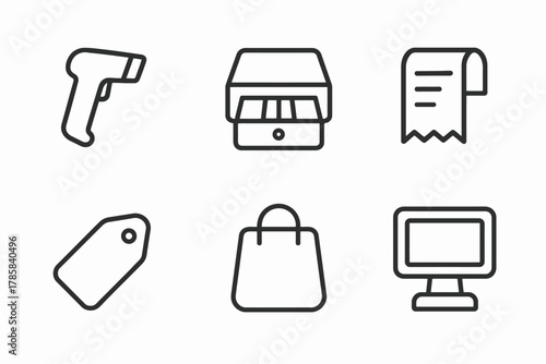 Retail icon set: barcode scanner, cash register, receipt, tag, shopping bag, monitor