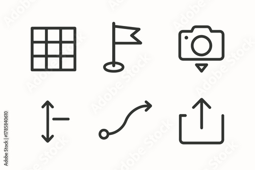 Minimalist icon set featuring grid, flag, camera, arrows, and upload symbols