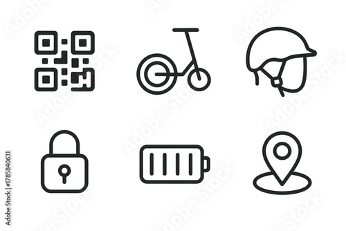 Qr code, bicycle, helmet, padlock, battery, location icons set