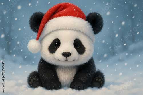 Panda Bear Cute Christmas Animals Wearing Santa Hats in Snowy Anime Style