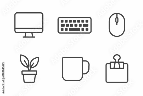Minimalist office icons: computer, keyboard, mouse, plant, mug, clip