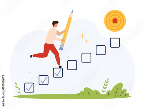 Person holding pencil ascending checkmarked steps toward a goal symbolizing career growth, achievement, personal development, and progress in a flat isolated vector illustration