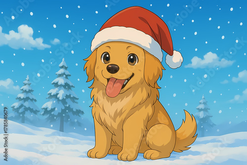 Little Dog Cute Christmas Animals Wearing Santa Hats in Snowy Anime Style