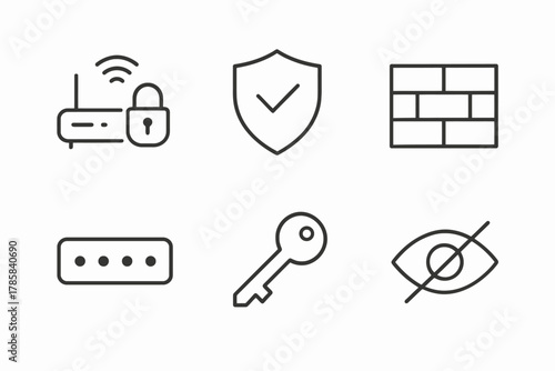 Cybersecurity symbols: router, lock, shield, firewall, password, key, privacy eye