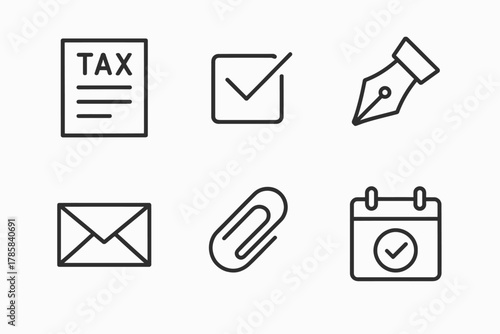 Tax document checklist with pen envelope paperclip calendar icons