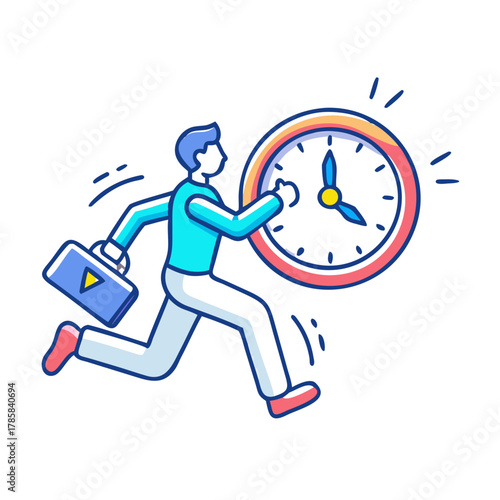 Man running with briefcase towards a clock illustration