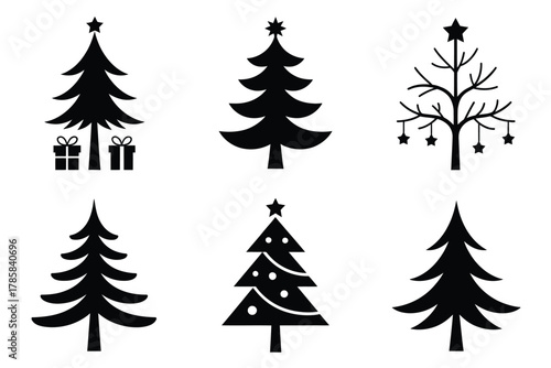 A collection of six stylized black silhouette Christmas trees with decorative elements like stars and gifts.