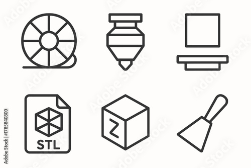 3d printing icons set: filament, nozzle, platform, stl file, cube, scraper